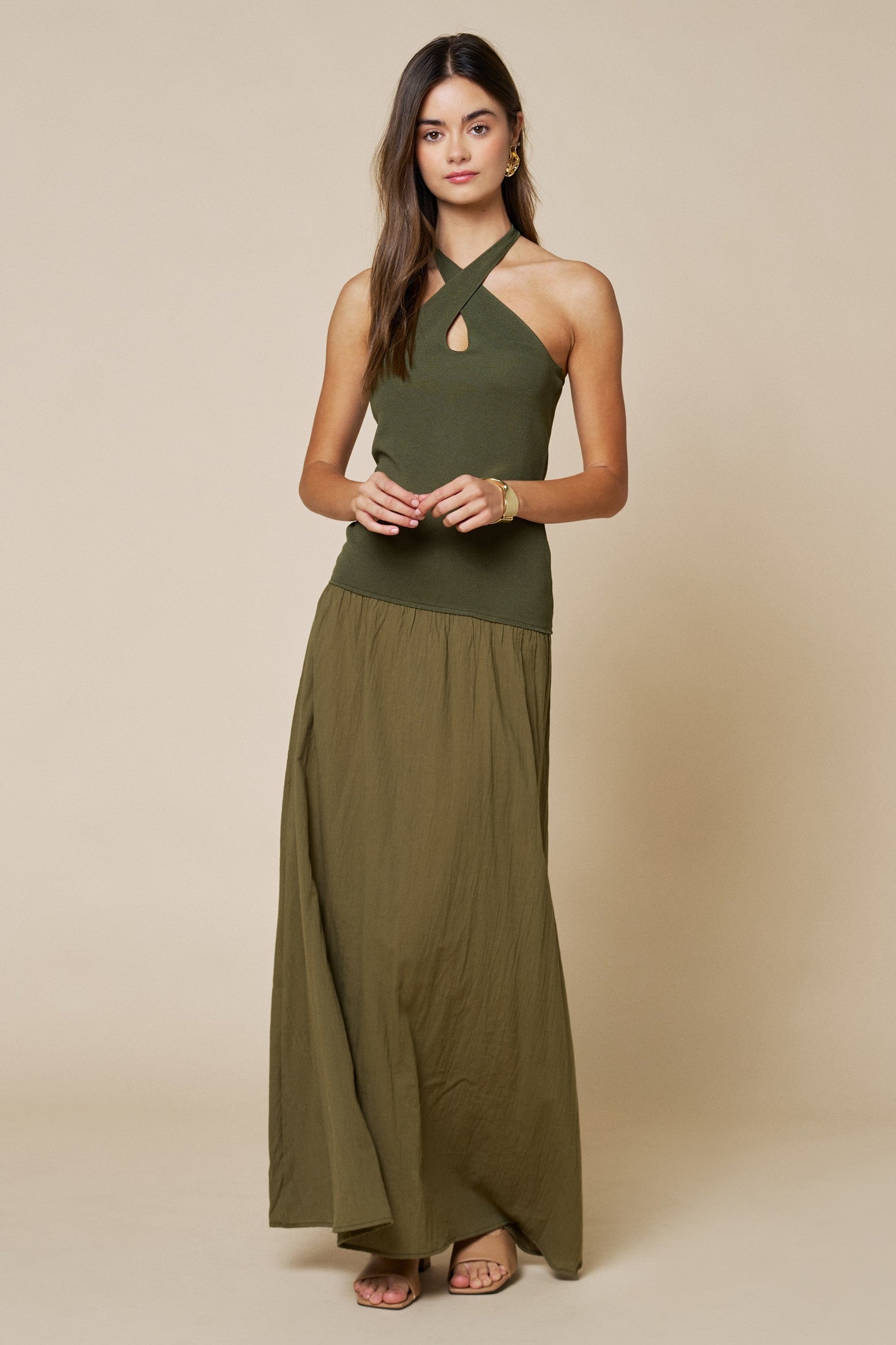 Crisscross Halter Contrast Knit & Woven Maxi Dress