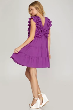 SLEEVELESS PLEATED RUFFLE WOVEN TIERED V NECK DRESS