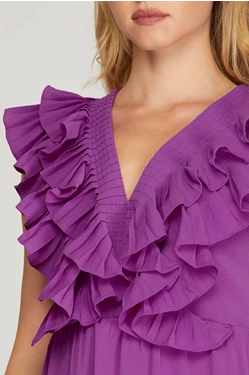 SLEEVELESS PLEATED RUFFLE WOVEN TIERED V NECK DRESS