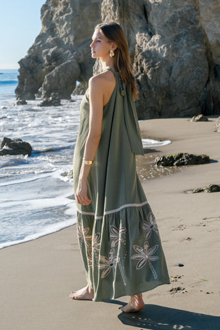 Palm Tree Embroidery Front Tie Halter Maxi Dress