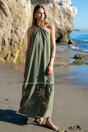 Palm Tree Embroidery Front Tie Halter Maxi Dress