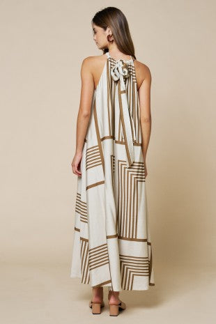 Geo Print Front Tie Keyhole Halter Maxi Dress