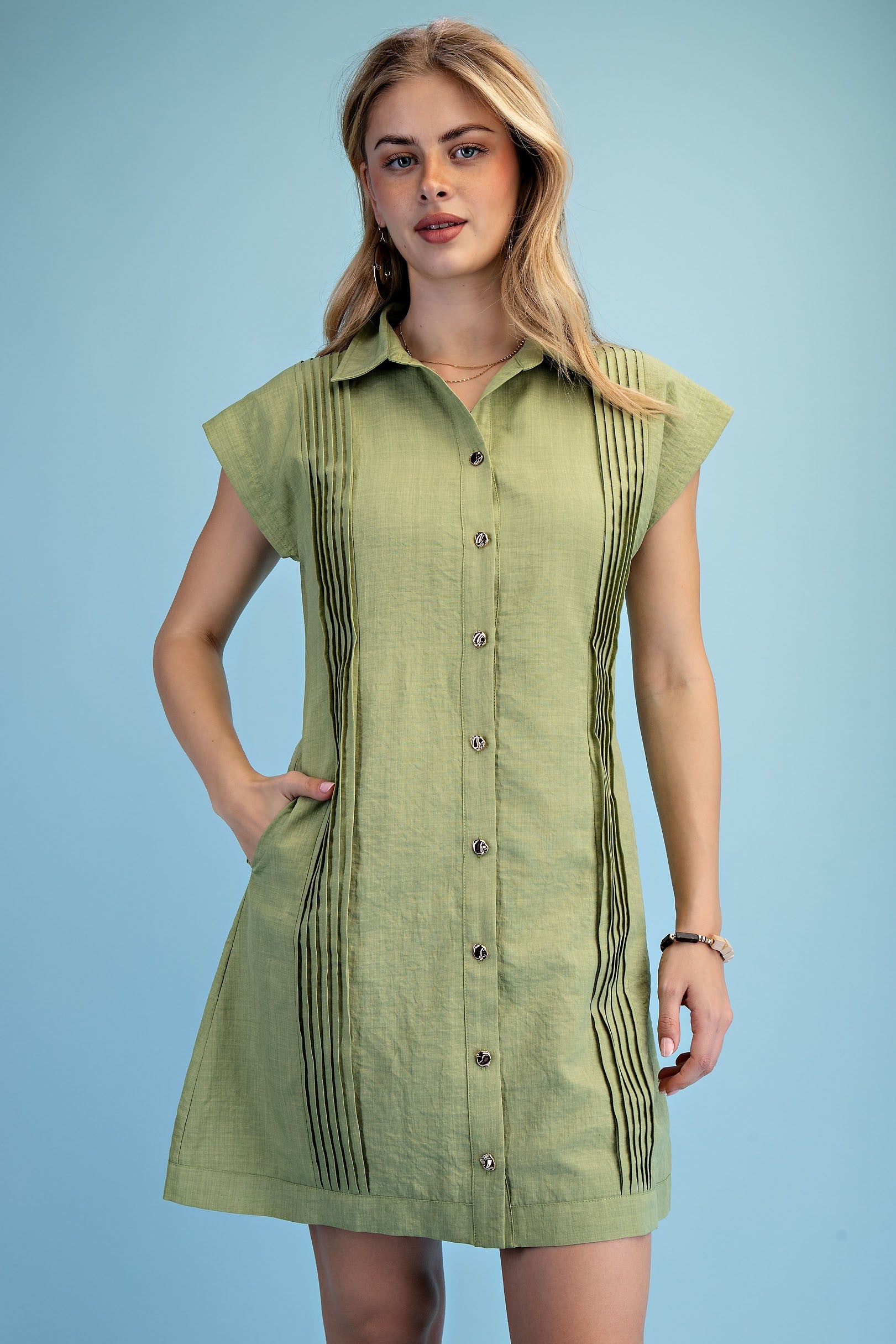 Pin-tuck Detail Mini Shirt Dress