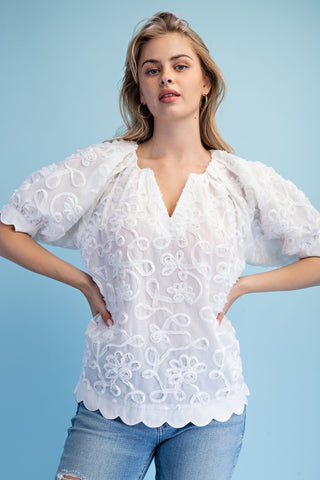 3-D Textured V-Neck Top with Scalloped Hems