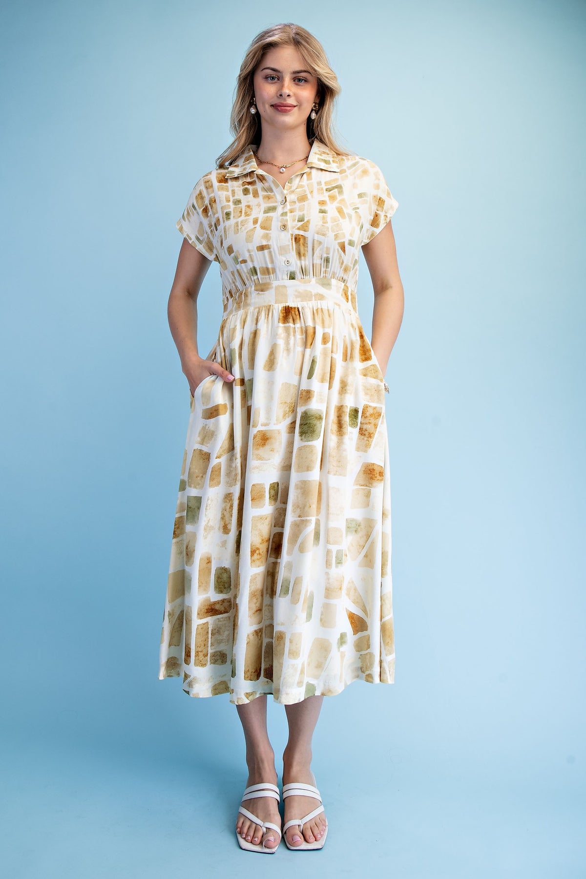 Tile Print Half Button Midi Shirt Dress
