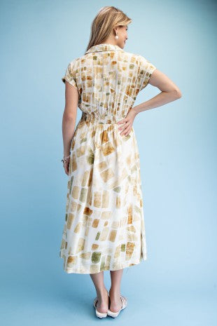Tile Print Half Button Midi Shirt Dress