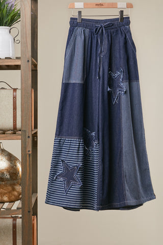 Frayed Star Patch Denim Wide Pants