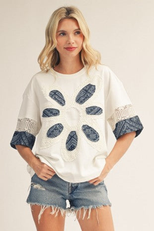 Big Floral Patch Detail Fabirc Mix Top