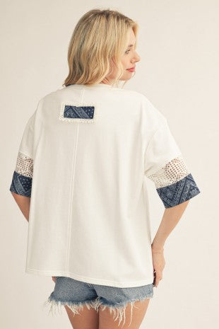 Big Floral Patch Detail Fabirc Mix Top