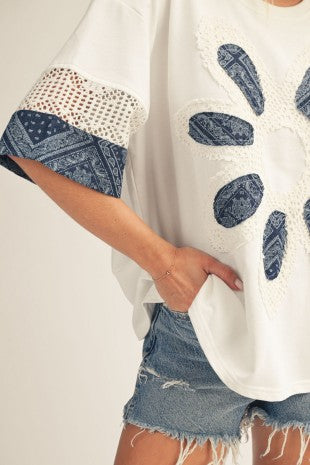 Big Floral Patch Detail Fabirc Mix Top