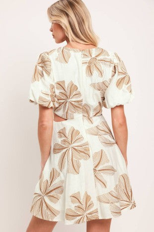 An embroidered woven mini dress featuring V neckline, short sleeve, waist cut out with O ring and back zipper closure