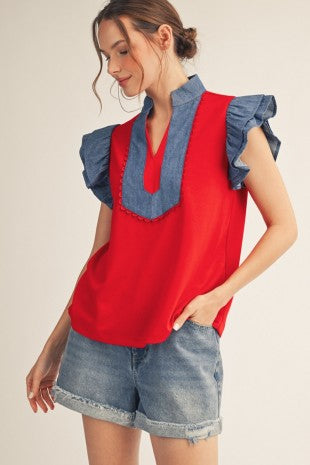 Denim Contrast Ruffle Sleeves Solid Top