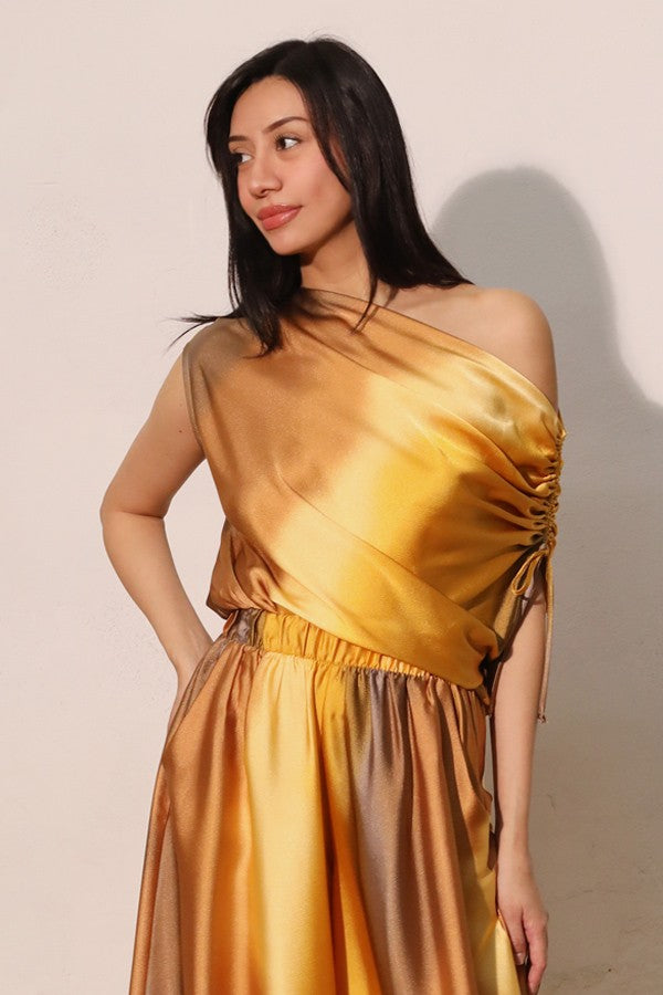 Ombre Satin Asymmetrical Drawstring Top