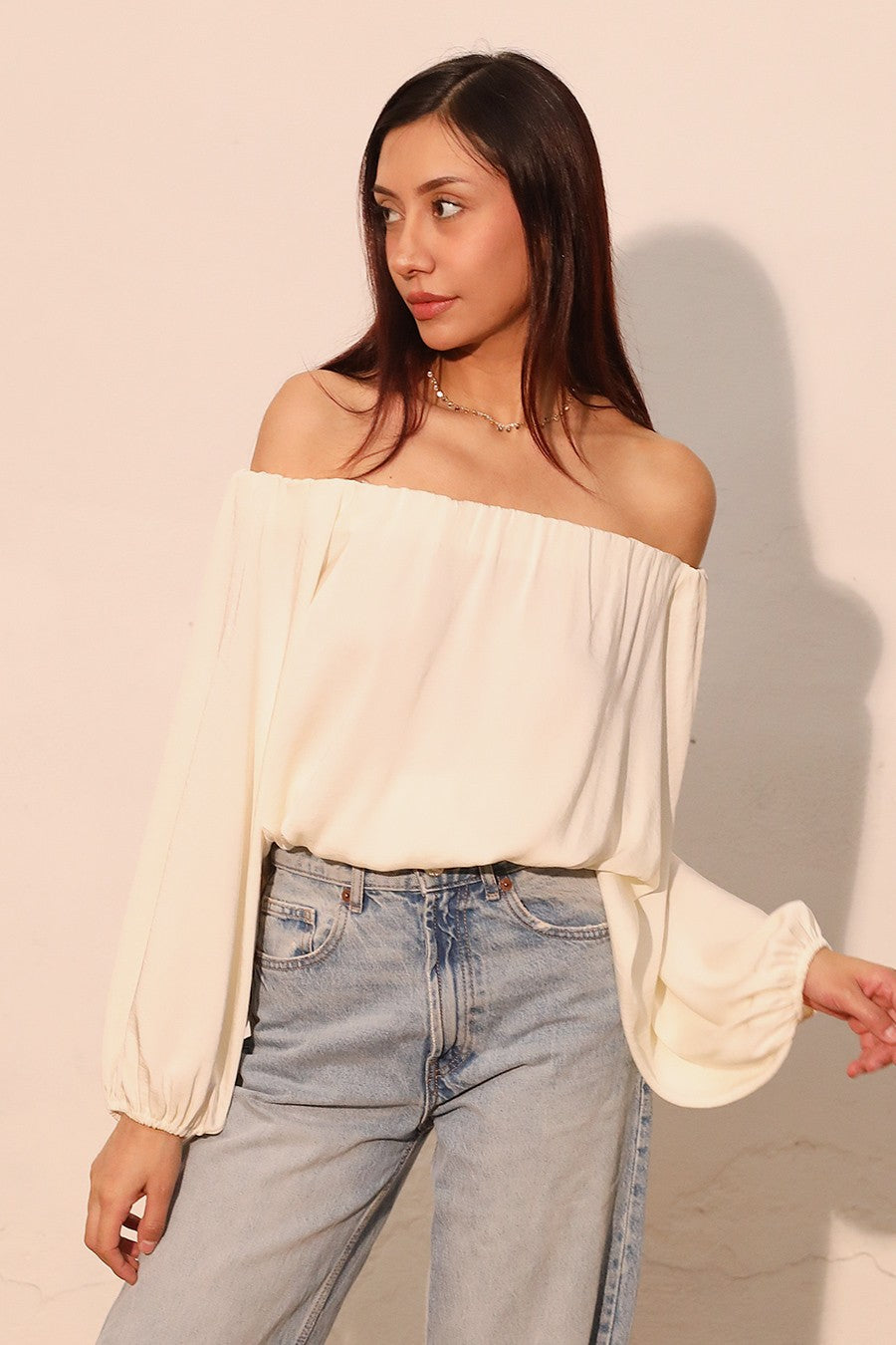 Washed Poly Silk Voluminous Off Shoulder Top