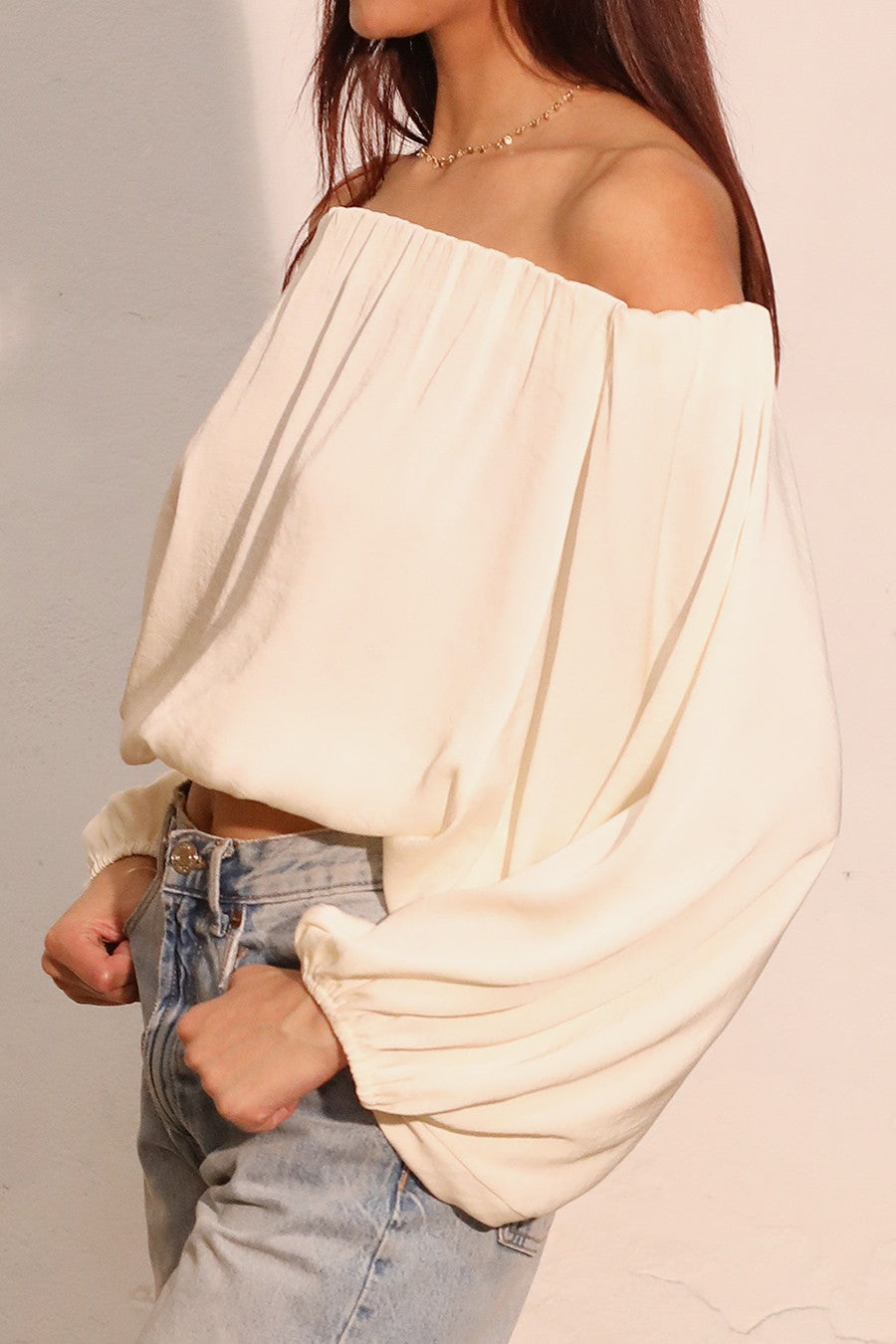 Washed Poly Silk Voluminous Off Shoulder Top
