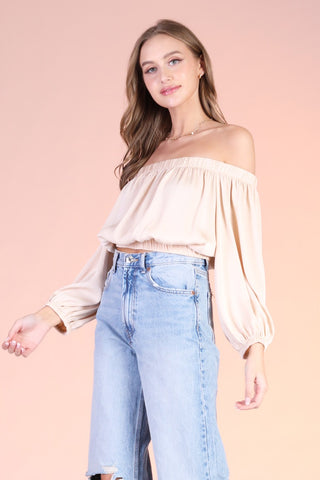 Washed Poly Silk Off Shoulder Sleeved Top