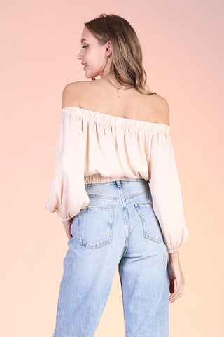 Washed Poly Silk Off Shoulder Sleeved Top
