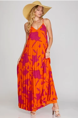 PLEATED WOVEN PRINT MAXI CAMI DRESS