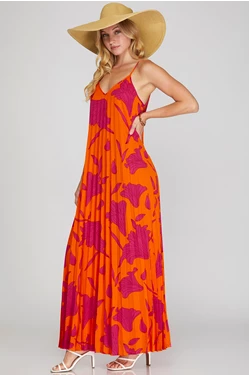 PLEATED WOVEN PRINT MAXI CAMI DRESS