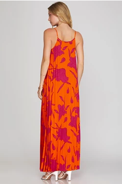 PLEATED WOVEN PRINT MAXI CAMI DRESS