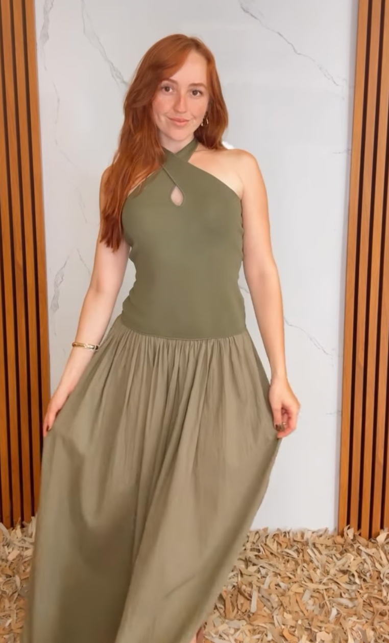 Crisscross Halter Contrast Knit & Woven Maxi Dress