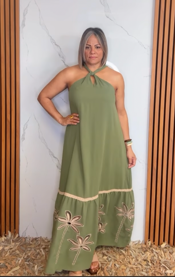 Palm Tree Embroidery Front Tie Halter Maxi Dress