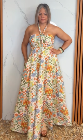 Printed Halter Maxi Dress With Smocked Back