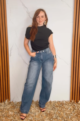 Two Button Waist Baggy Barrel Jeans