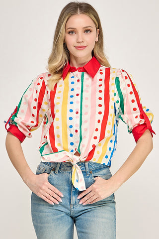 Roll Up Slv Vibrant Multi Colored Stripe Button Down Shirt