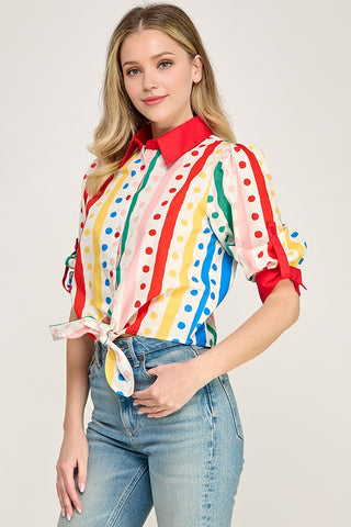 Roll Up Slv Vibrant Multi Colored Stripe Button Down Shirt