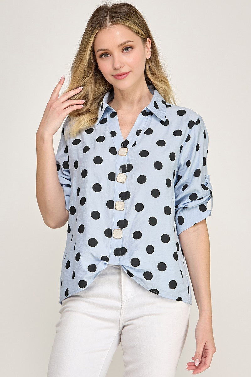 3q Roll Up Slv Polka Dot Button Down Shirt