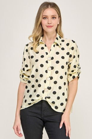 3q Roll Up Slv Polka Dot Button Down Shirt