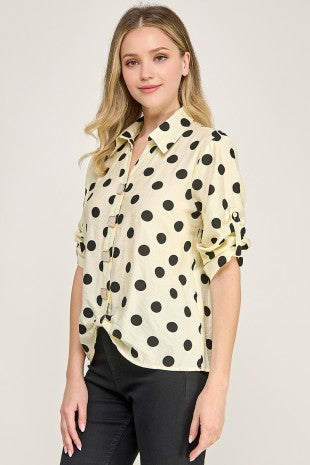 3q Roll Up Slv Polka Dot Button Down Shirt