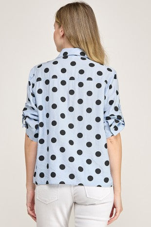 3q Roll Up Slv Polka Dot Button Down Shirt