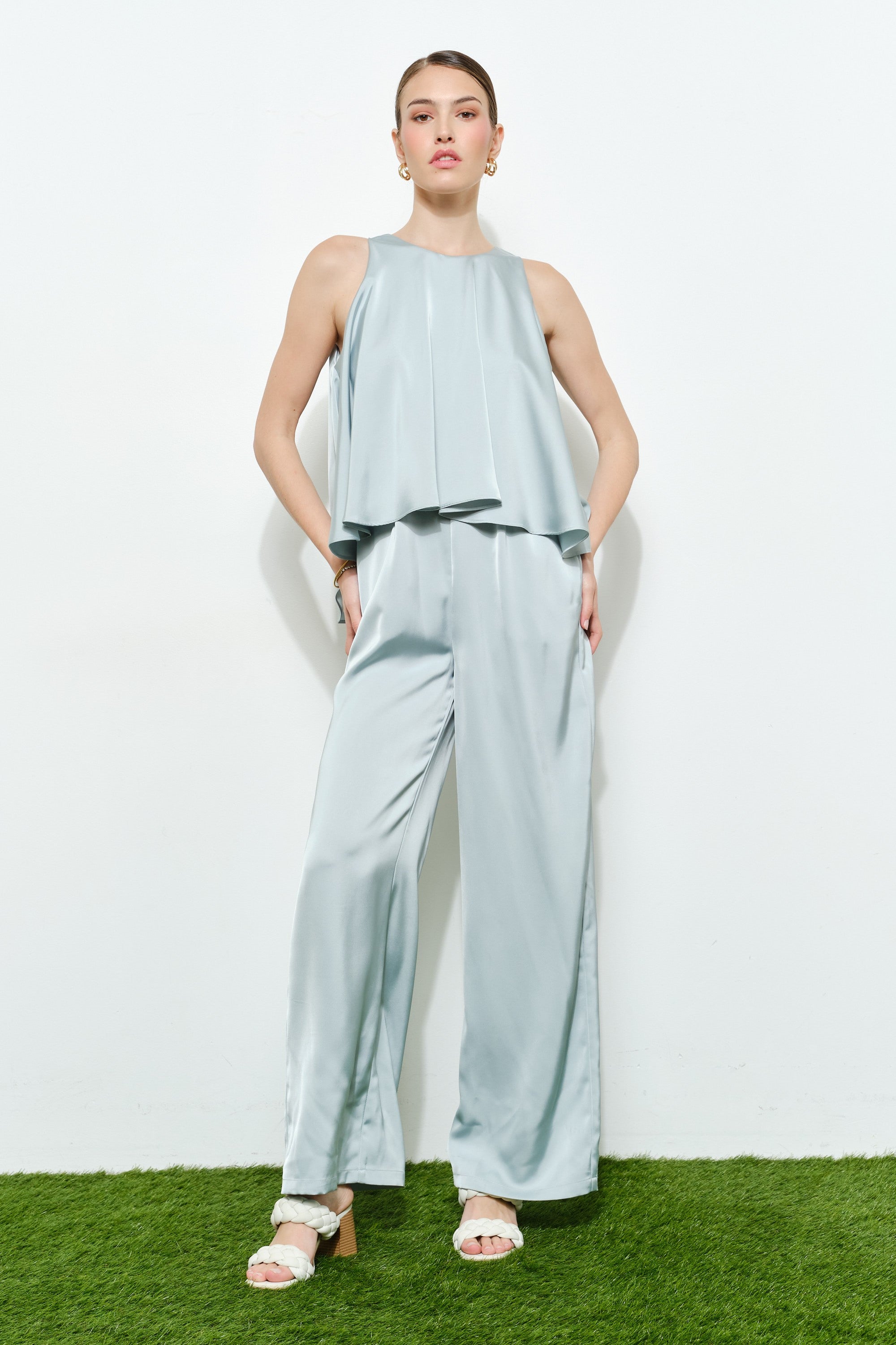 Chic Satin High Low Flare Relax Fit Jumpsuit