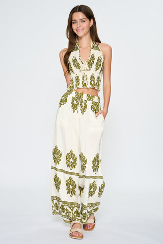 Halter Crop & Printed Wide-leg Pants Set