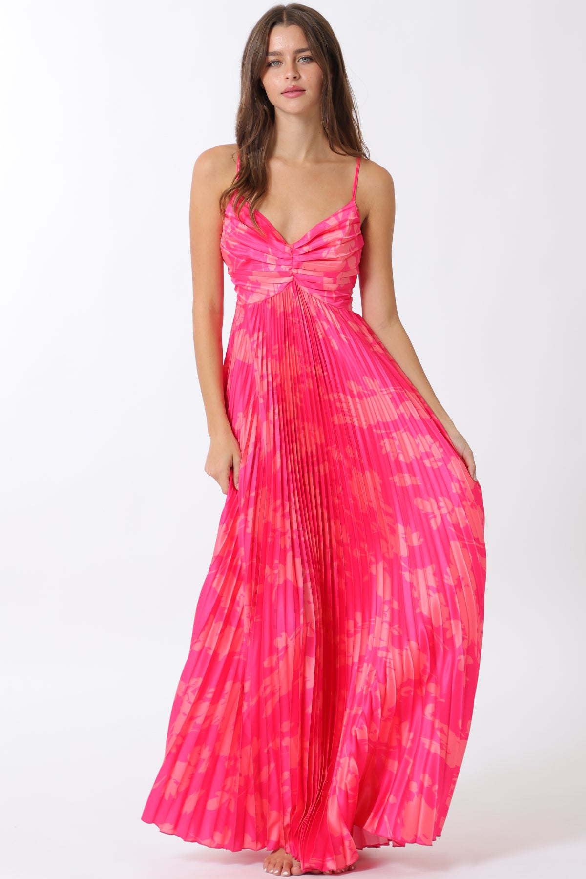 Thin Adjustable Strap Pleat Detailing Maxi Dress
