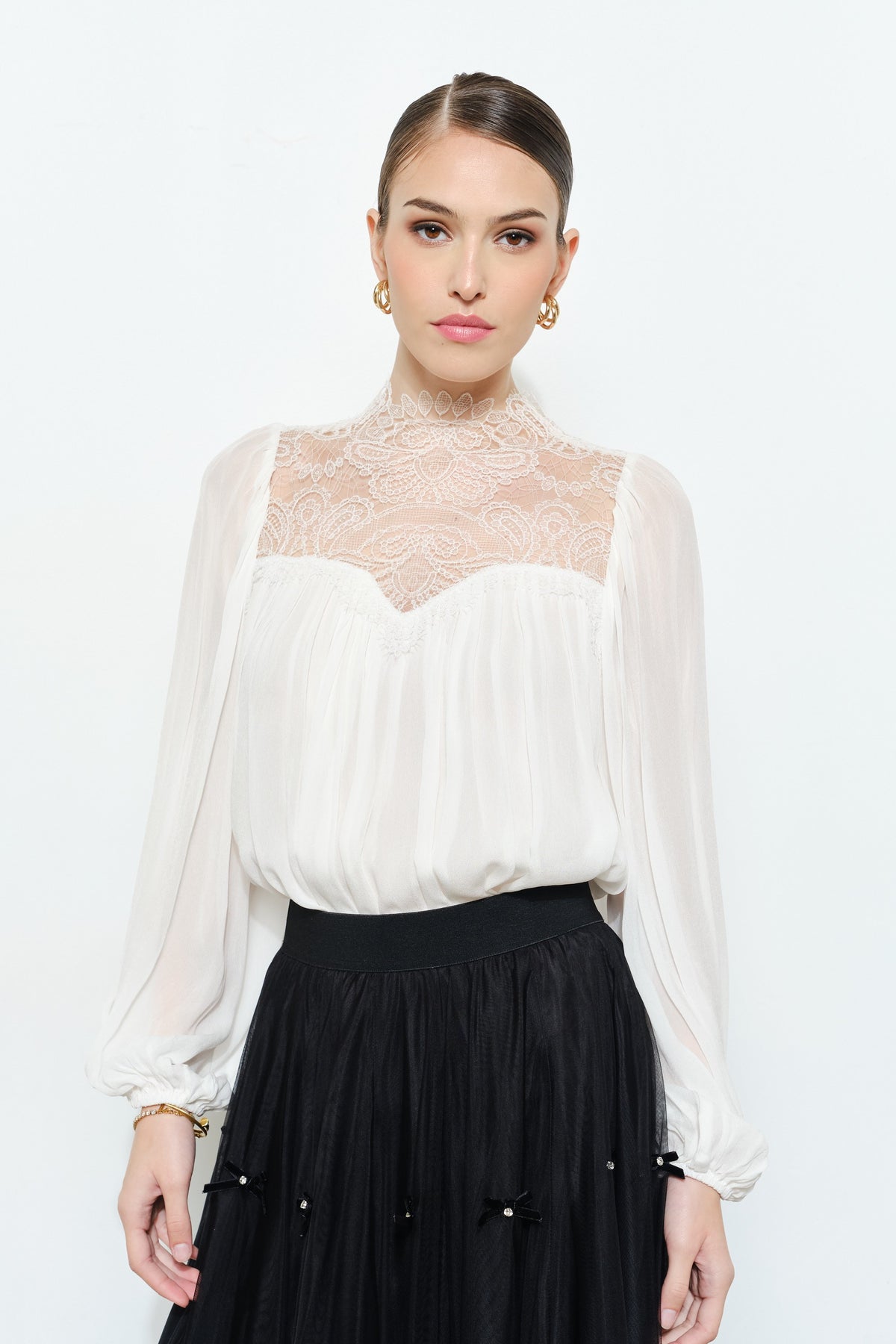 Elegant Lace Mock Neck Sheer Long Sleeve Blouse