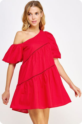 Tiered Off Shoulder Puff Sleeve Linen Dress