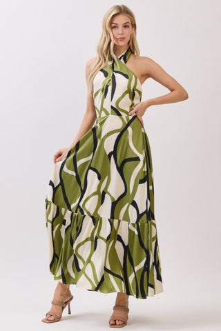 Women Woven Printed Sleeveless Twisted Halter Maxi Dress