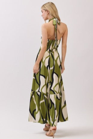 Women Woven Printed Sleeveless Twisted Halter Maxi Dress