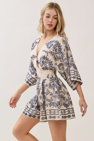 Kimono Sleeve V Neck Paisley Print Romper
