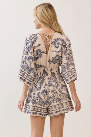 Kimono Sleeve V Neck Paisley Print Romper