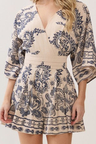 Kimono Sleeve V Neck Paisley Print Romper