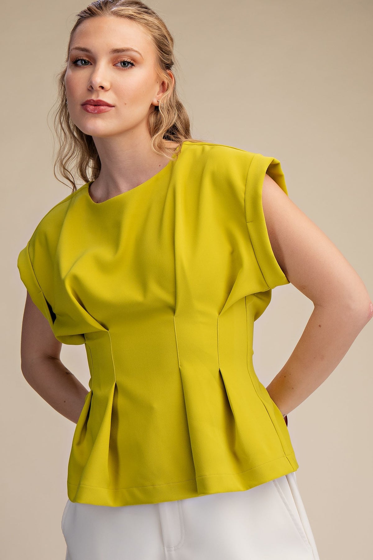 Round Neck Waist Pleated Top