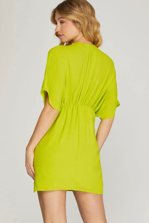 V Neck Batwing Sleeve Pleats and Draft Woven Dress
