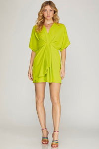 V Neck Batwing Sleeve Pleats and Draft Woven Dress
