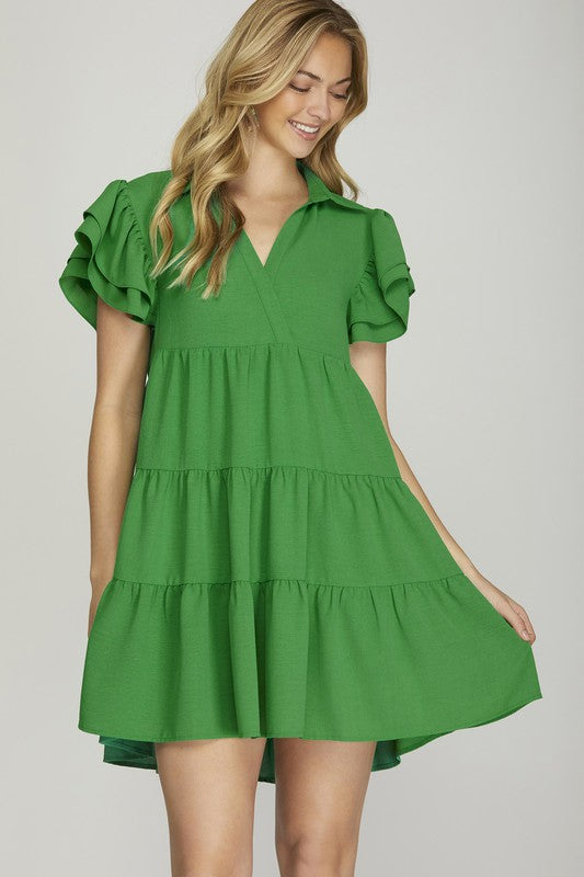 FLUTTER SLEEVE COLLARED TIERED V NECK WOVEN DRESS