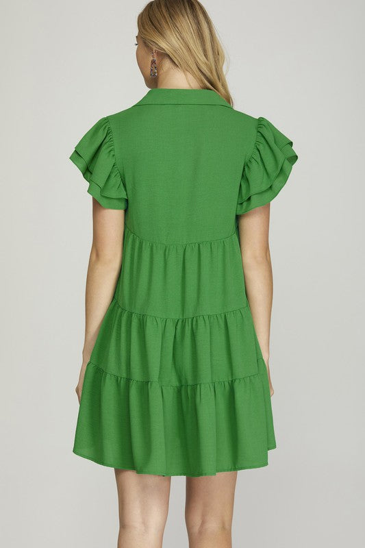 FLUTTER SLEEVE COLLARED TIERED V NECK WOVEN DRESS