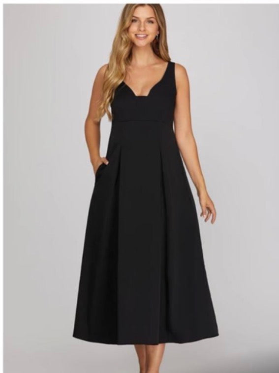 Sleeveless Stretched Woven Midi Dress With Pockets